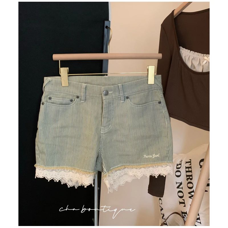 

British Single FA * Girl Embroider Letter Lace Lace Stripes Denim Shorts OLD Denim 15 yards