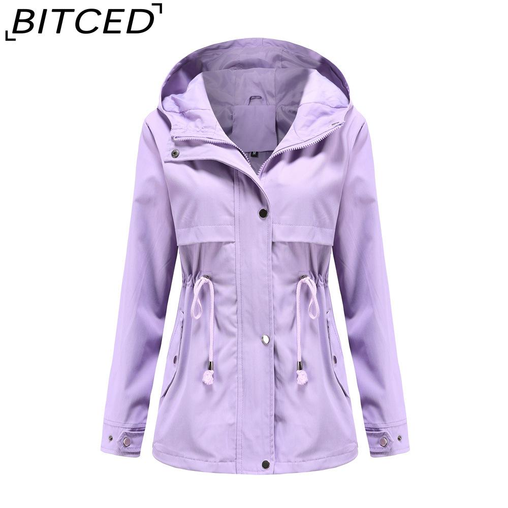BITCED Lightweight Trench Coat Mid-Length Hooded Jacket Long Sleeves Fitted Waist Outdoor Rainproof Clothing