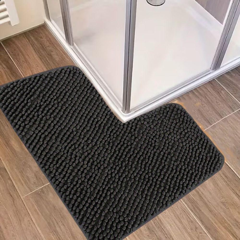 Non-slip L-shaped Chenille Bath Mat Absorbent Floor Mat Durable Carpet  Bathroom
