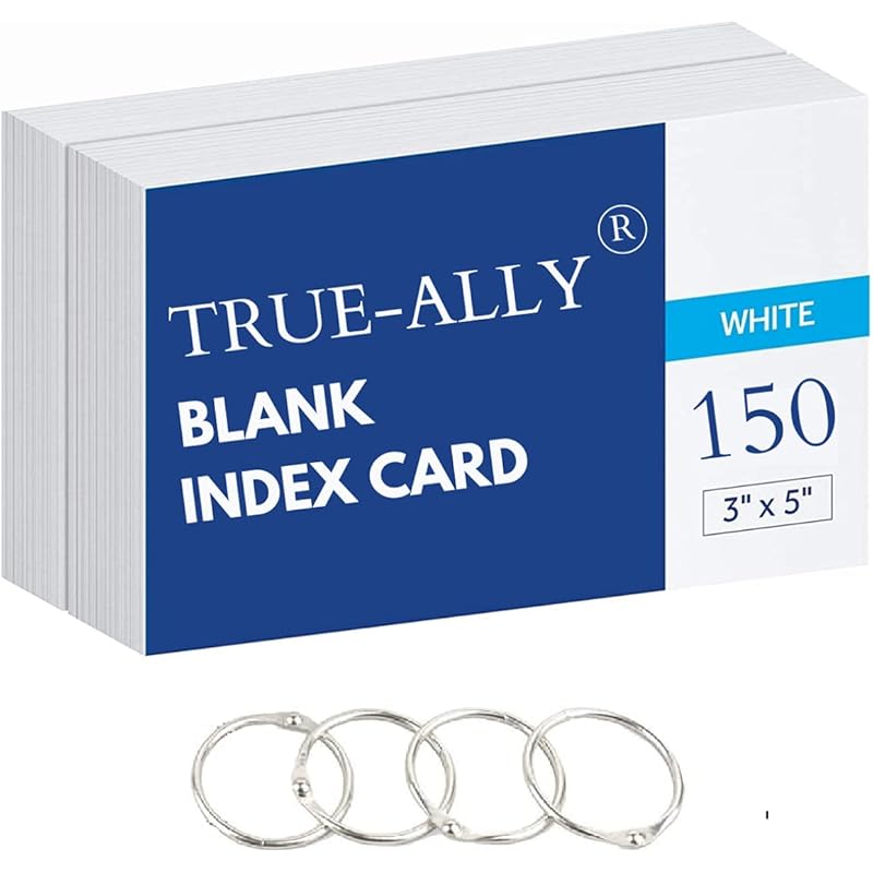 True-Ally Unruled Index Flash Cards - 3X5 Inch, White, 150 Cards, 200 Gsm - With Free Binder Rings For Short Notes, Cue