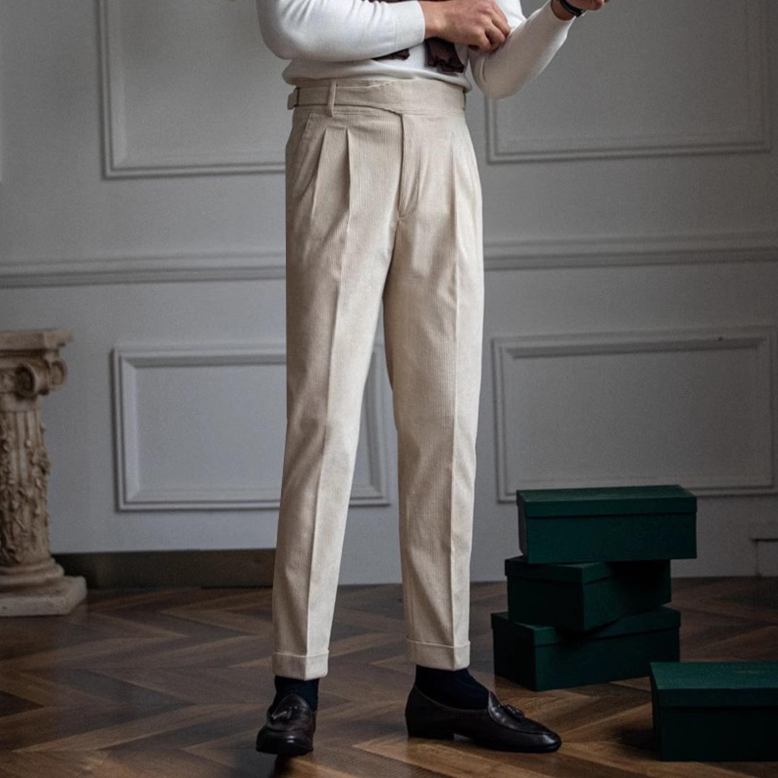 

Мужские вельветовые брюки Неаполь классического кроя, винтажные деловые брюки, прямые брюки со складками спереди 31 бежевый