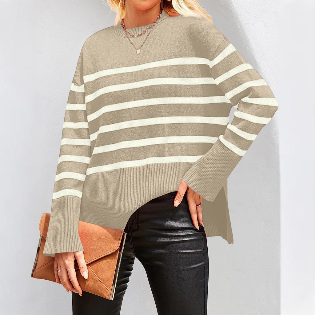 Women's Casual Striped Loose Round Neck Pullover Sweater