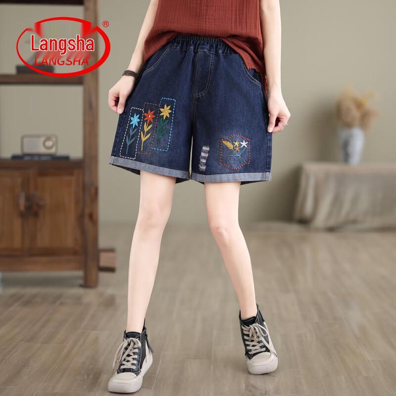 LangSha Women s Retro Embroidered Denim Shorts L