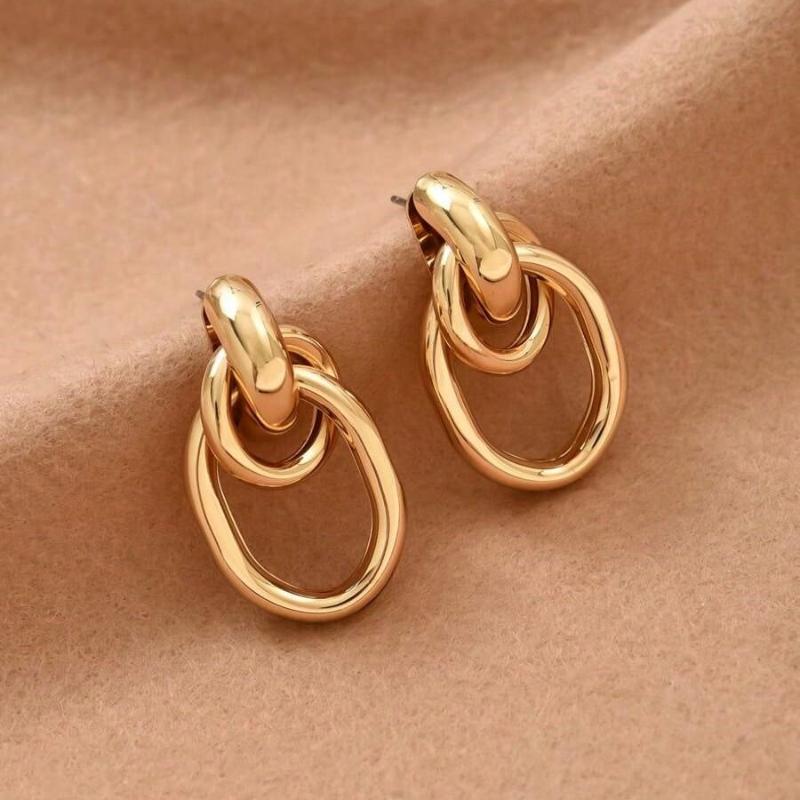1pair Fashionable Gold Tone Metal Multi-Turn Knotted Design Stud Earrings for Women, Double Hoop Studs, Statement Dangling Earrings, Unique Earrings
