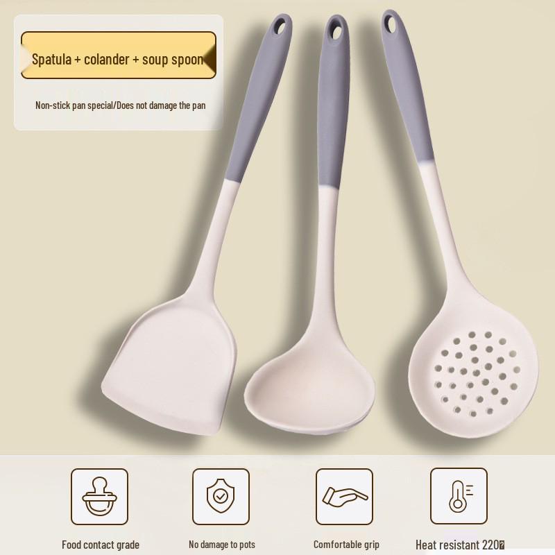Gray & White Silicone Cooking Utensil Set: Spatula, Wok Spatula, Soup Ladle, Rice Spoon, Skimmer - Heat Resistant.