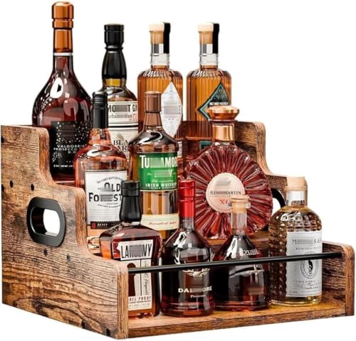ZHLELEWZ 3-Tier Countertop Wine Bottle Display Stand, Wooden Bar Rack, Freestanding Wine Rack for Displaying Liquor, Whiskey, Wine, Coffee Syrup, Vint