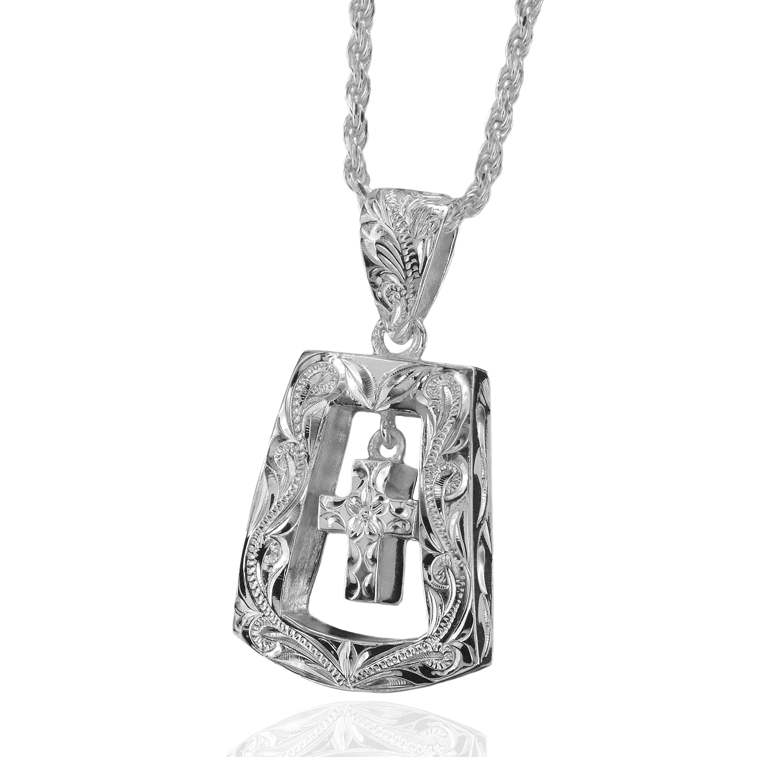 

Гавайские украшения крест квадратная пластина плюмерия свиток гравировка кулон ожерелье серебро 925 цепь 45 см [Leilani] и для мужчин (Веревка включена)