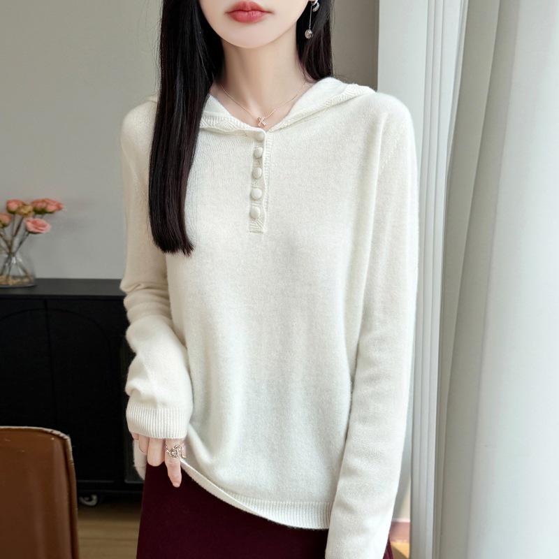 2026 A/W Women's Pure Wool Hooded Knitwear - Long Sleeve, Buckle Closure, Solid Color, Loose Fit Sweater