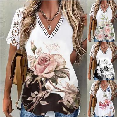 Summer New Arrival Women's Casual V-neck T-shirt Lace Sleeve Lace Patchwork Print