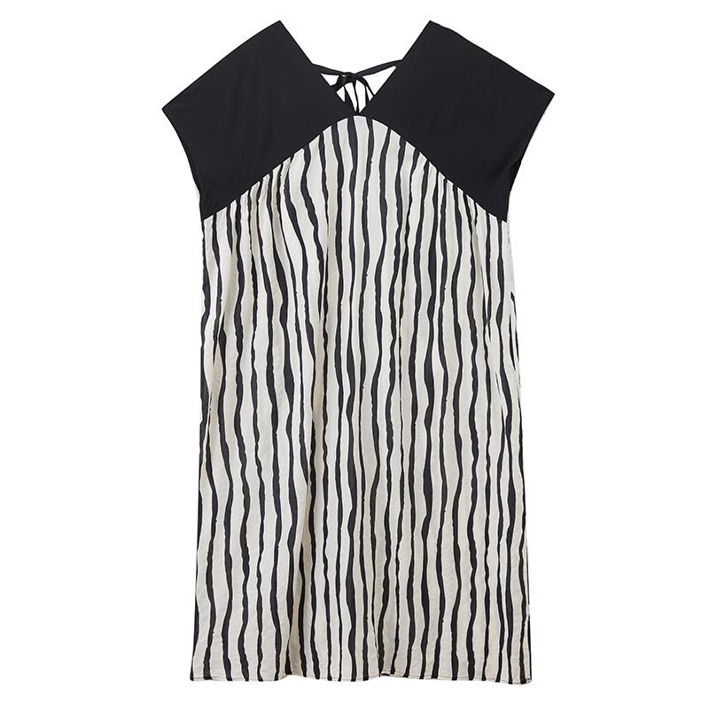DIMANAF New 2025 Plus Size Summer Dress Loose Women V-Neck Vintage Stripe Casual Short Sleeve Dress Maxi