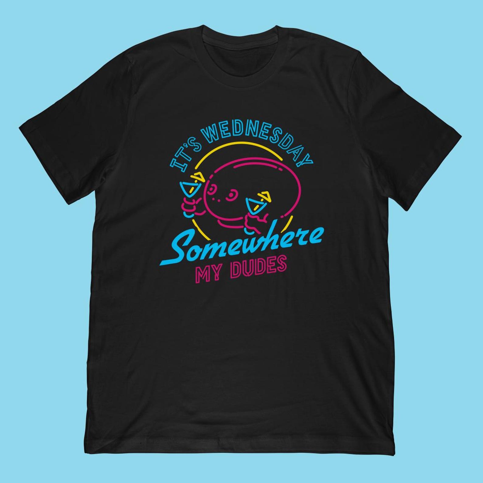 It s Wednesday Somewhere Frog T-Shirt | Meme Frog Cocktails Neon Graphic Tee 3XL