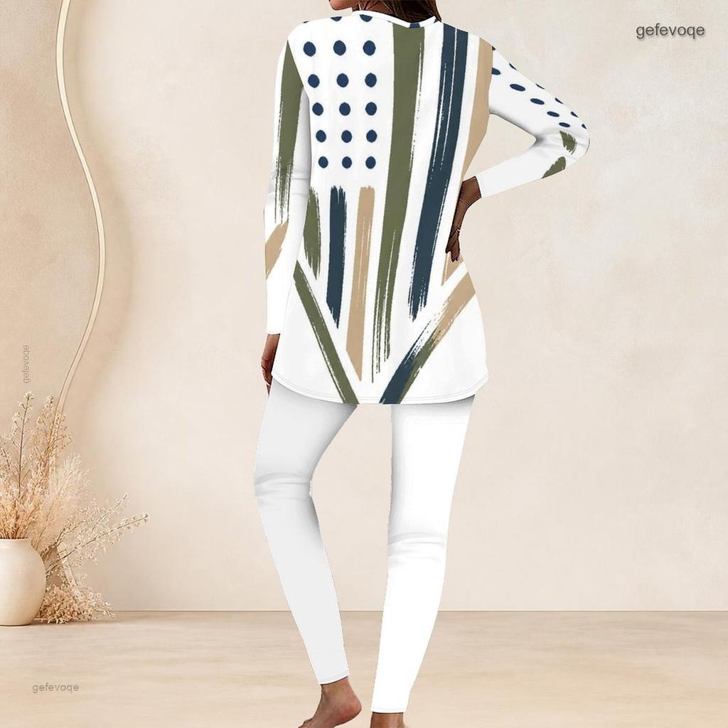 Women Plus Size Round Neck Long Sleeve Red White Blue Flag Printed Longline Top Fitted Pants Two Piece Set