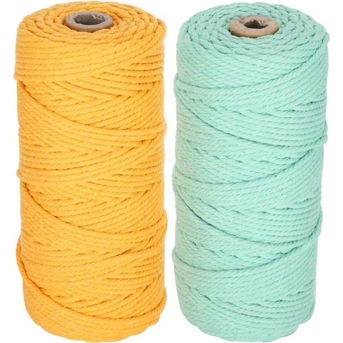 VINGVO cordon de coton 2pcs 100 mètres de fil de coton corde à tricoter tresse macramé main bricolage artisanat vert jaune
