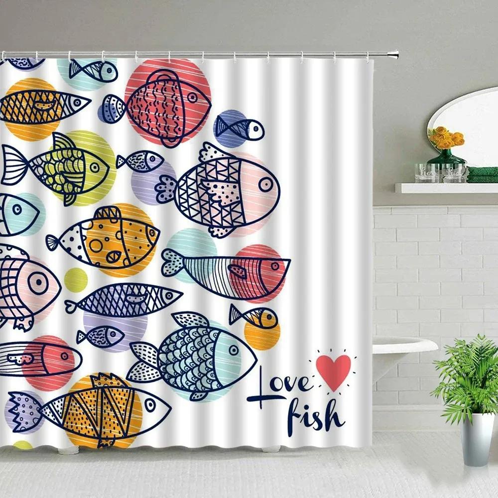 Colorful Cartoons Fish Shark Shower Curtains Ocean Life Children's Bathroom Home Decor Cloth Curtain Set Waterproof Bath Screens