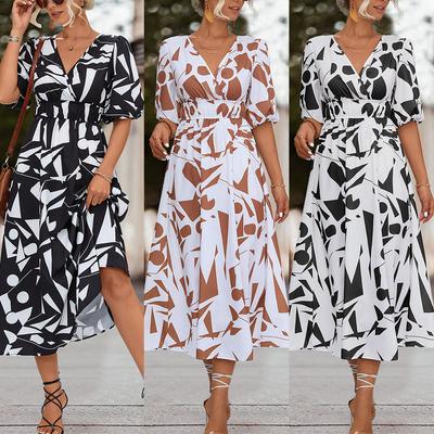 Geometric Pattern Waistband V-neck Long Casual Commuter Dress for Spring Summer Women's Dress Women Clothing