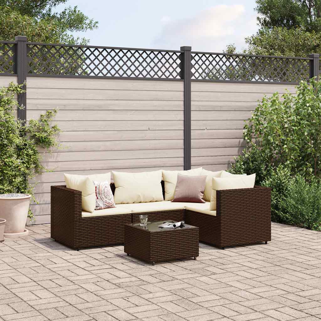 5 Piece Garden Lounge Set with Cushions Brown Poly Rattan