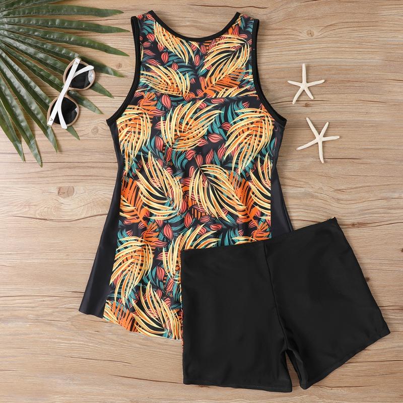 Women's Shoulder Strap Swimsuit Gradient Coconut Tree Print Bikini Tankini Swimsuit