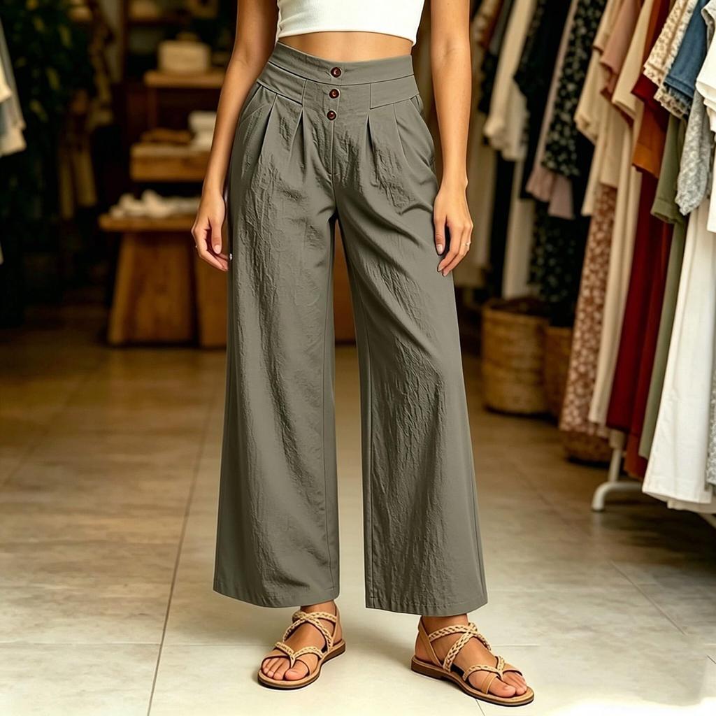 Women High Waist Loose Fit Wide Leg Pants with Pockets Straight Leg Button Front Casual Trousers for Everyday Wear