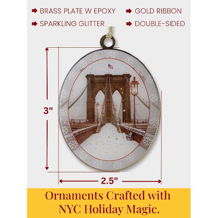 Brooklyn Bridge Snow New York Ornament - NYC Holiday Collectible, Double-Sided Brass with Glitter and Epoxy, Gift-Boxed, 2.5 x 3 Inch by ArtMalore
