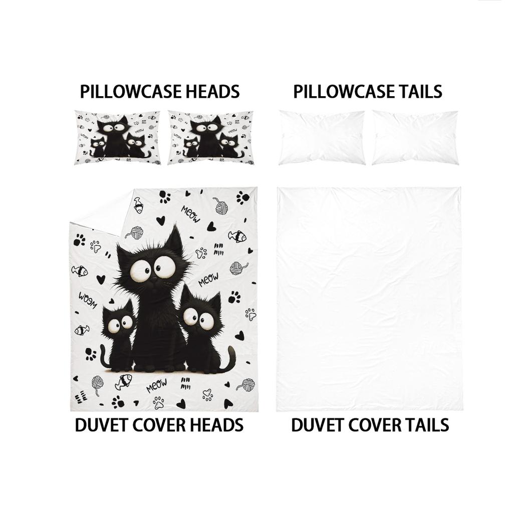 3pc Black Cat Printed Bedding Set with Coreless Soft and Comfortable Multi Size Machine Washable 1 Duvet Cover+2 Pillowcases