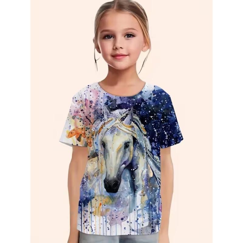 

Children s Clothing Girl Clothes Short Sleeve Girl T-Shirt Casual Vintage Horse Print Kids Summer Clothes Girl Top O-Neck Tee 170