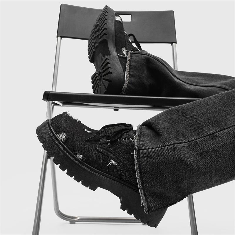 Fashion Spring Men's Black Versatile Canvas Fashion Derby Shoes Luxury Thick Sole Trendy Perforated Designer Casual Workwear Board Shoes