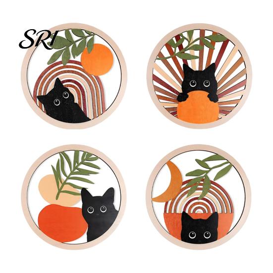 Cute Cat Design Coaster 4Pcs Healing Black Wooden Coaster, Creative Heat Insulation Bright Color Mat, Anti Slip Thickened Desk Protector for