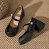 Spring and Summer New Mary Jane Small Leather Shoes Women's Thick Heels Light Mouth High Heels Black Single Shoes