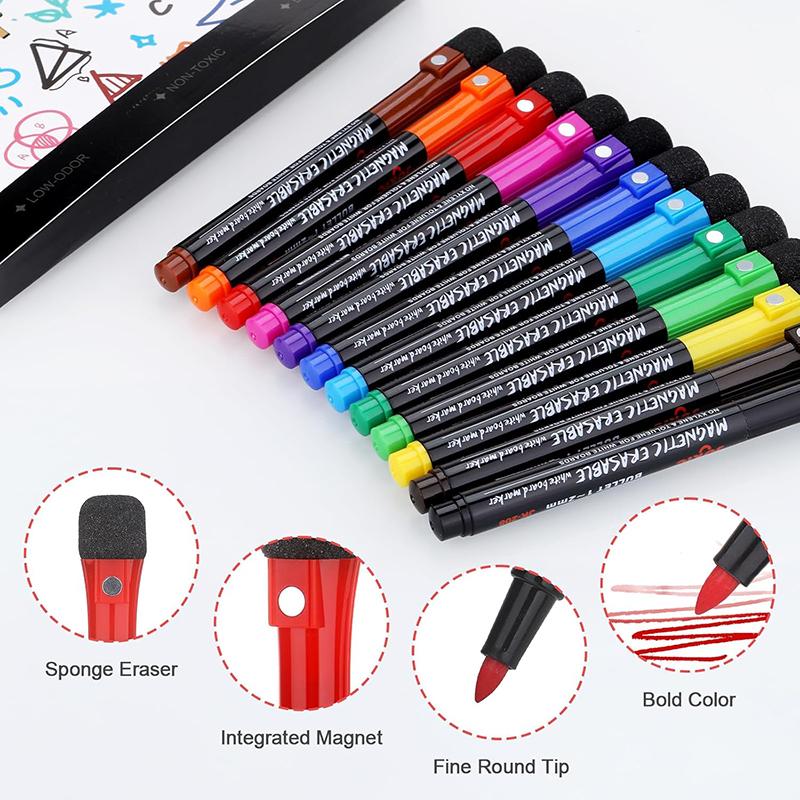 Fine Tip Magnetic Dry Erase Markers 12 Count Colorful Fine Point 2mm Whiteboard Markers with Erasers Cap for School Office