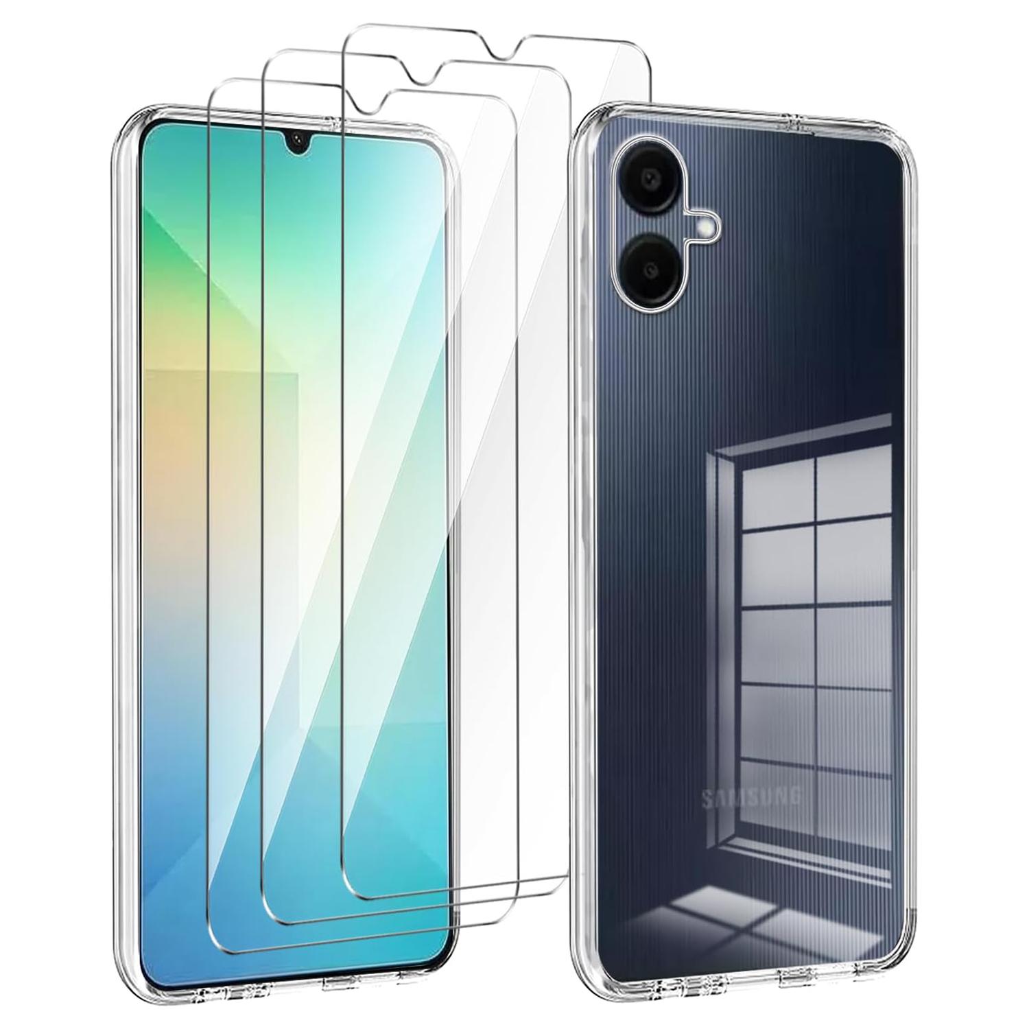 

For Samsung Galaxy A06 4G Case TPU Clear Phone Cover+3PCS Tempered Glass Screen Film 2.5D Arc Edge Style A