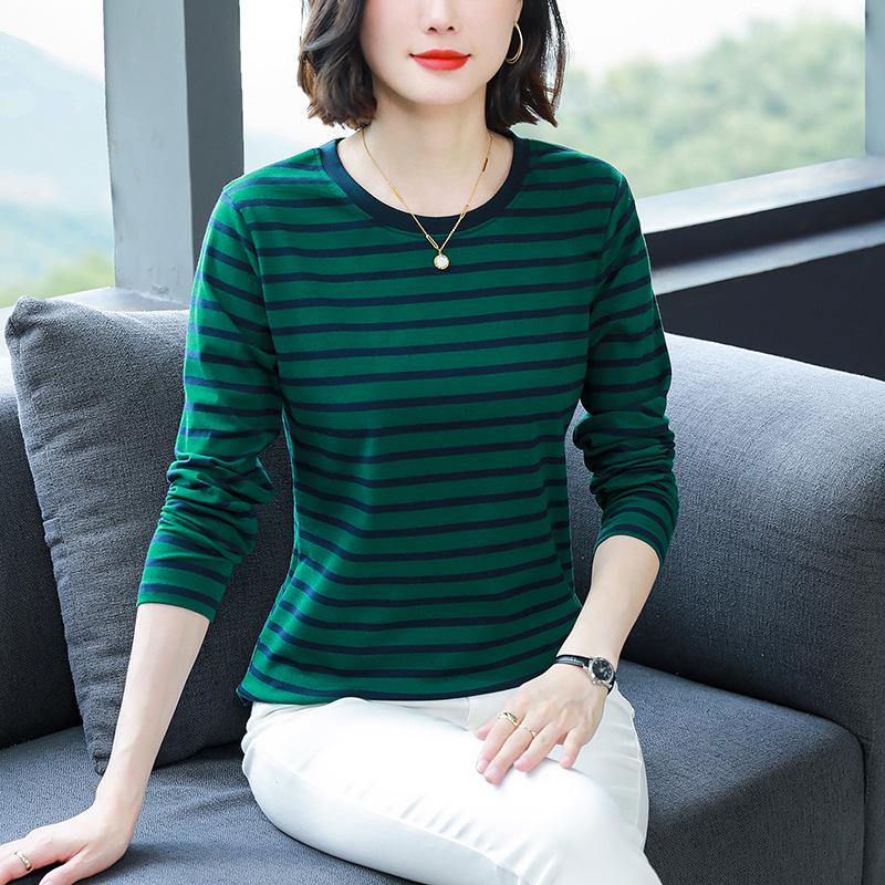 Plus Size Loose-Fit Cotton Striped Long-Sleeve T-Shirt for Middle-Aged & Elderly Women