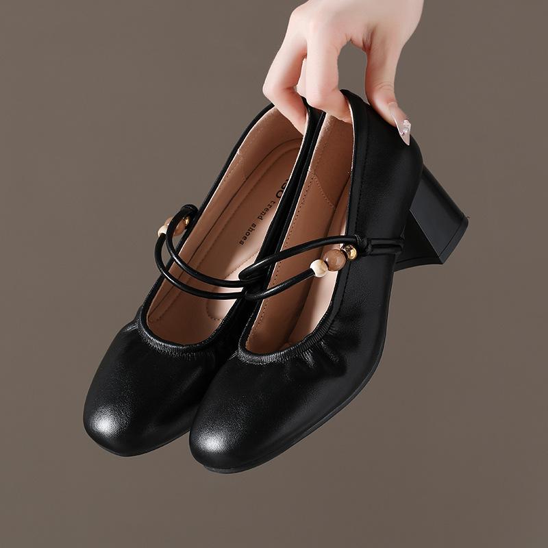 Mary Jane women's shoes 2025 spring and autumn new thick heel shallow mouth single shoes women's medium heel soft leather French temperament small lea