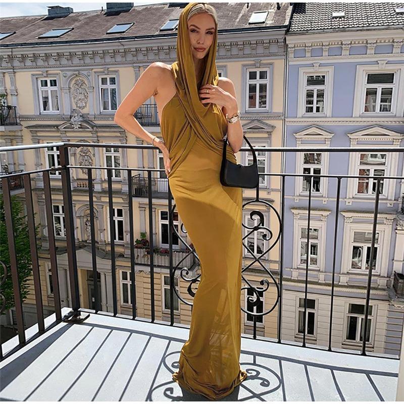 See Through Hooded Dress Sexy Backless Skinny Long Dresses Female 2023 Elegant Sheath Maxi Vestido Round Neck High Waist Slim Fit One Piece Dress