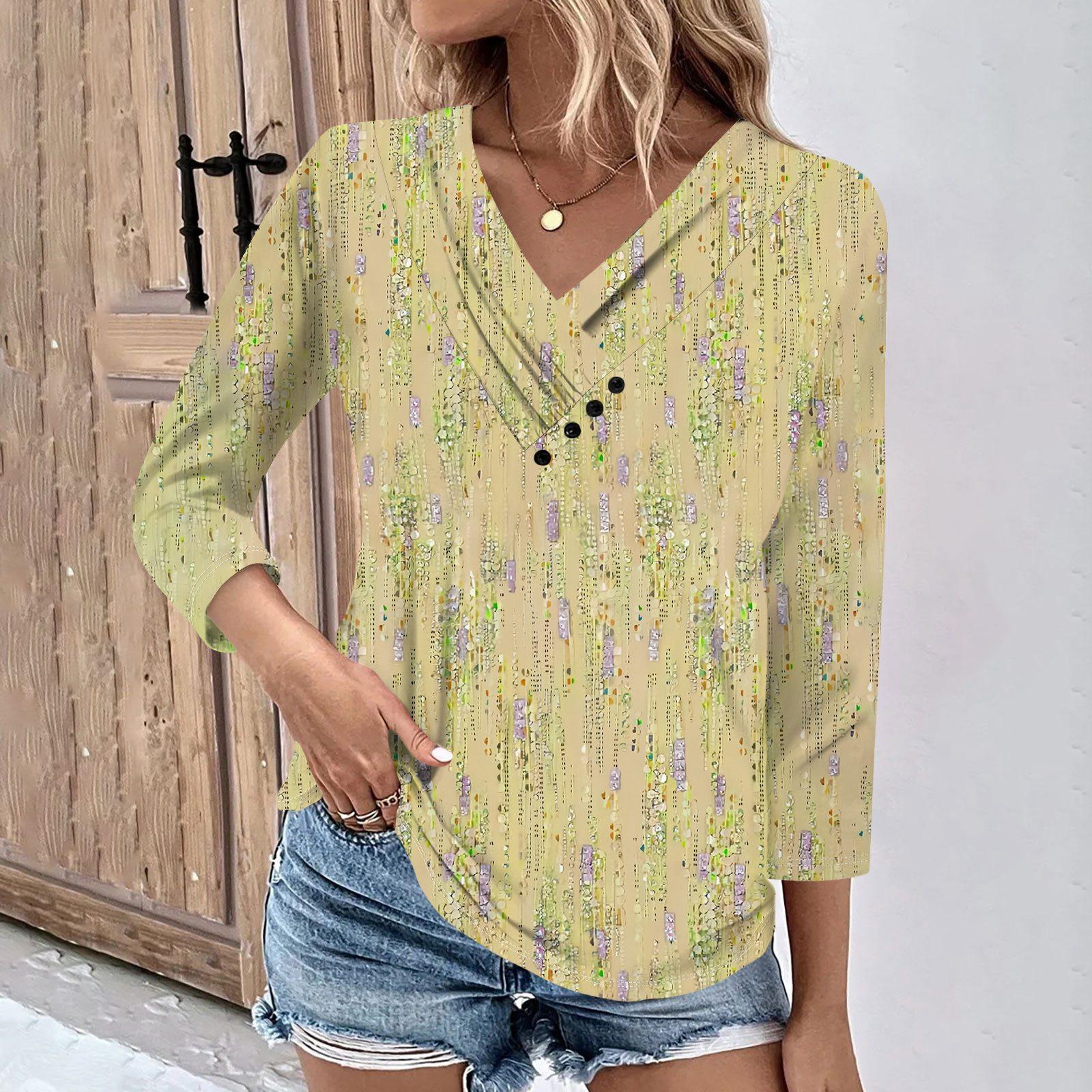 

Женские повседневные футболки с рукавом 3/4 для выходных с V-образным вырезом и принтом, свободные плиссированные футболки, женская блузка XL жёлтый