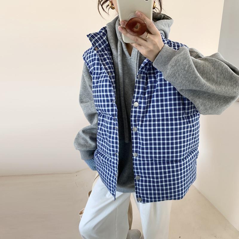 

Student clothing blue plaid down cotton-padded clothing vest women s winter warm wear bread cotton-padded jacket vest top XL suggestion [140--160] catties