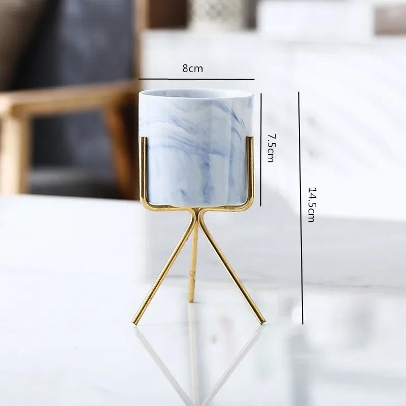 Nordic Ceramic Iron Art Marble Vase Pattern Rose Gold Green Table Plant Pot For Home Office Vases Decor Succulent Flower Pot