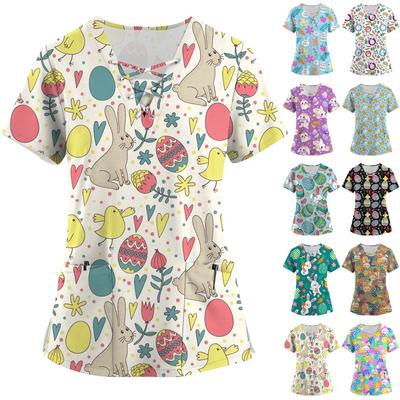 Plus Size Printed Scrub Working Uniform Tops For Women's Cross V-Neck Foral Print Short Sleeve Fun T-Shirts Workwear Tee With Pockets