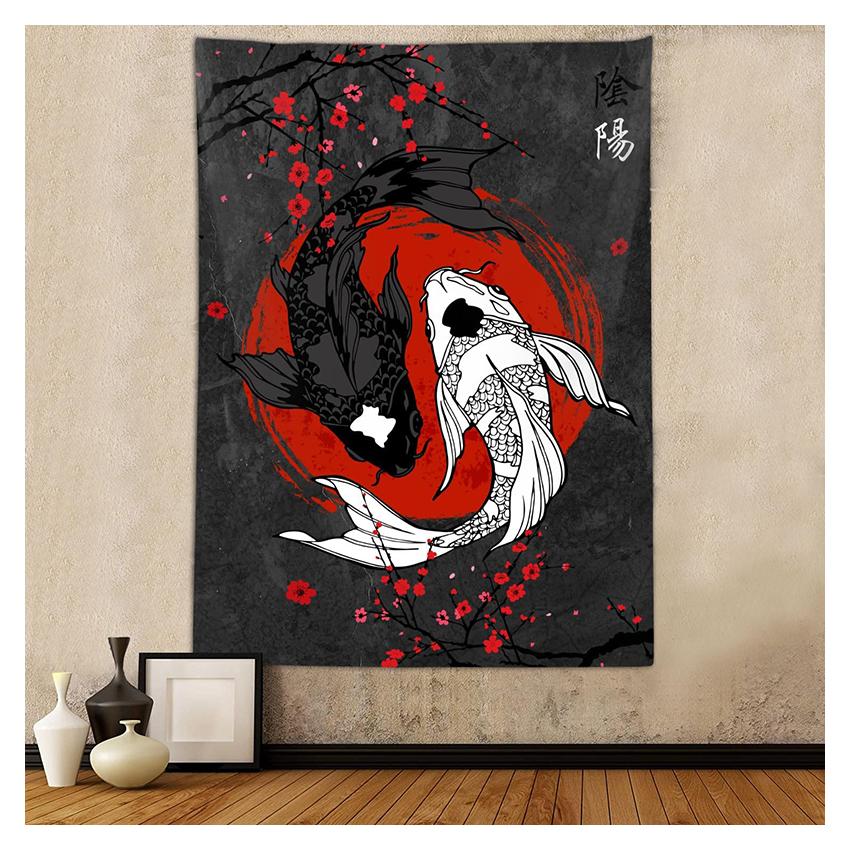 Japanese Koi Fish Sakura Tapestry Yin Yang  Wall Hanging For Bedroom Living Room Decor