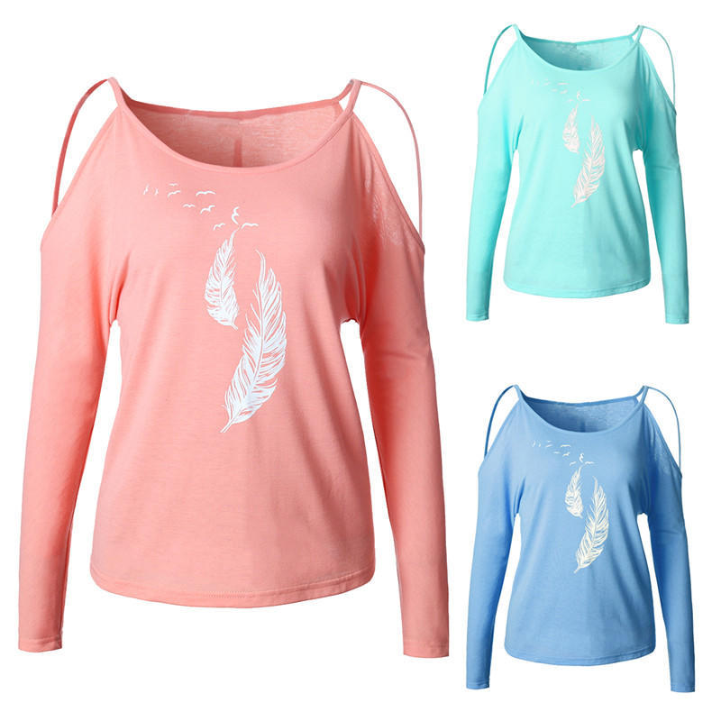 

Women Sexy Off Shoulder Long Sleeve Feather Print Shirts Cut Off Shoulder T Shirt Loose Tops Blouse