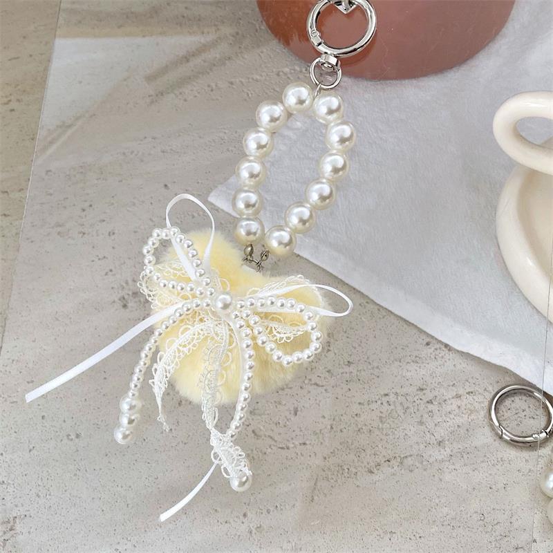 Cute Sweet Plush Heart Love Lace Bow Pearl Chain Keychain Pendants Backpack Charm Bag Hanging Ornaments Girly Phone Chain Gifts