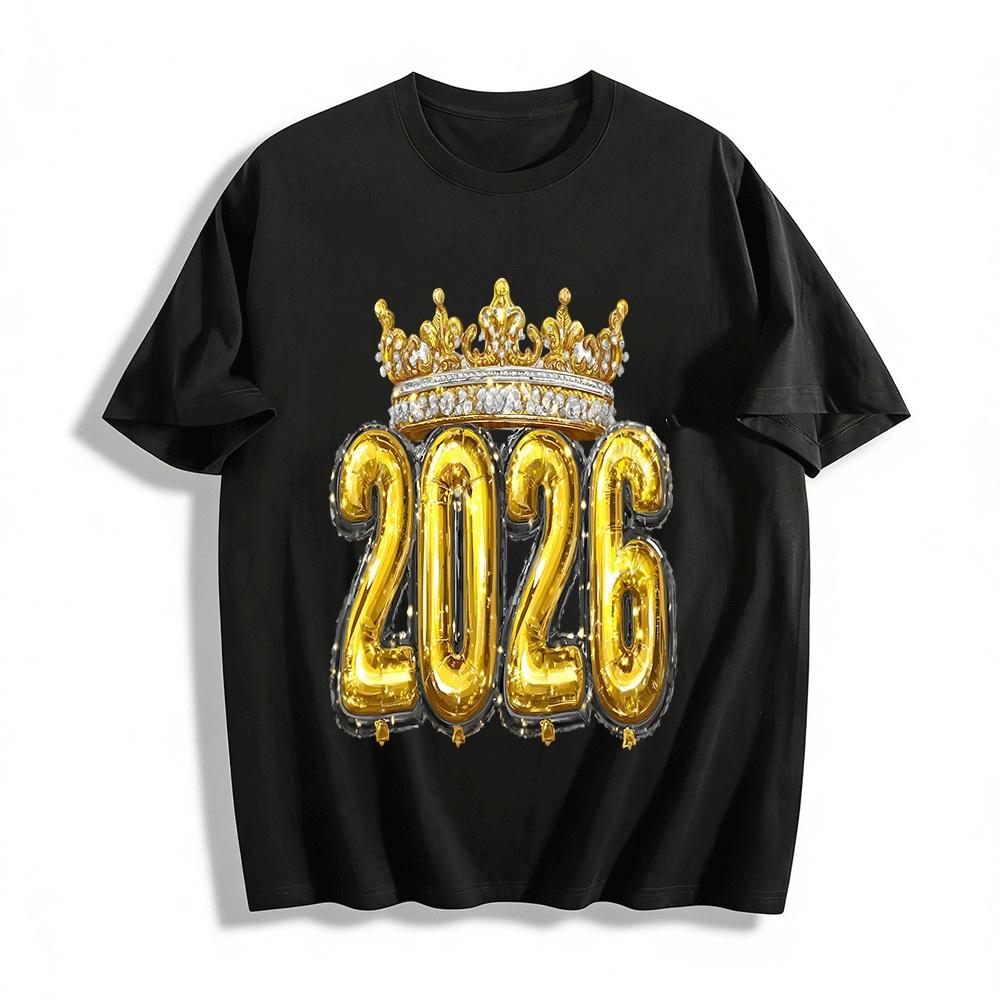 2026 Crown Balloon New Year Themed Printed Casual Top Pure cotton T-shirt XXS