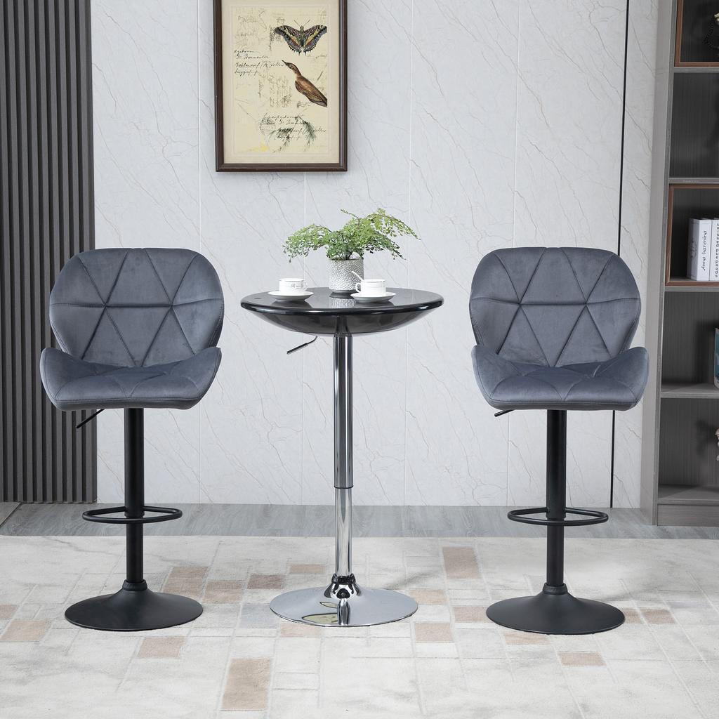 Set of 2 Bar Stools with Adjustable Height Metal Base Velvet Seat, High Swivel Kitchen Stools with Backrest and Footrest, 51.5x57.5x93-114.5cm, Grey