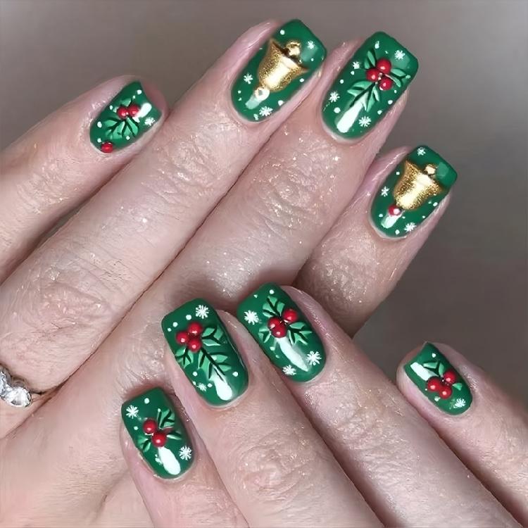 ABS Press On Nail 24PCS Christmas Snowflake Green Bell Design Reusable Artificial Nail For Festive Occasions