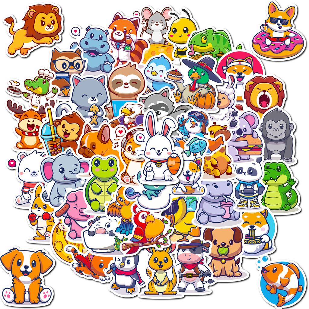 50 New Small Animals Collection Cartoon Graffiti Stickers Cute Suitcase Car Animal Mix and Match Stickers