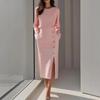 Women's  Solid Color Long Sleeves Elegant Midi Dress with Button Details and Side Slit - Crew Neck