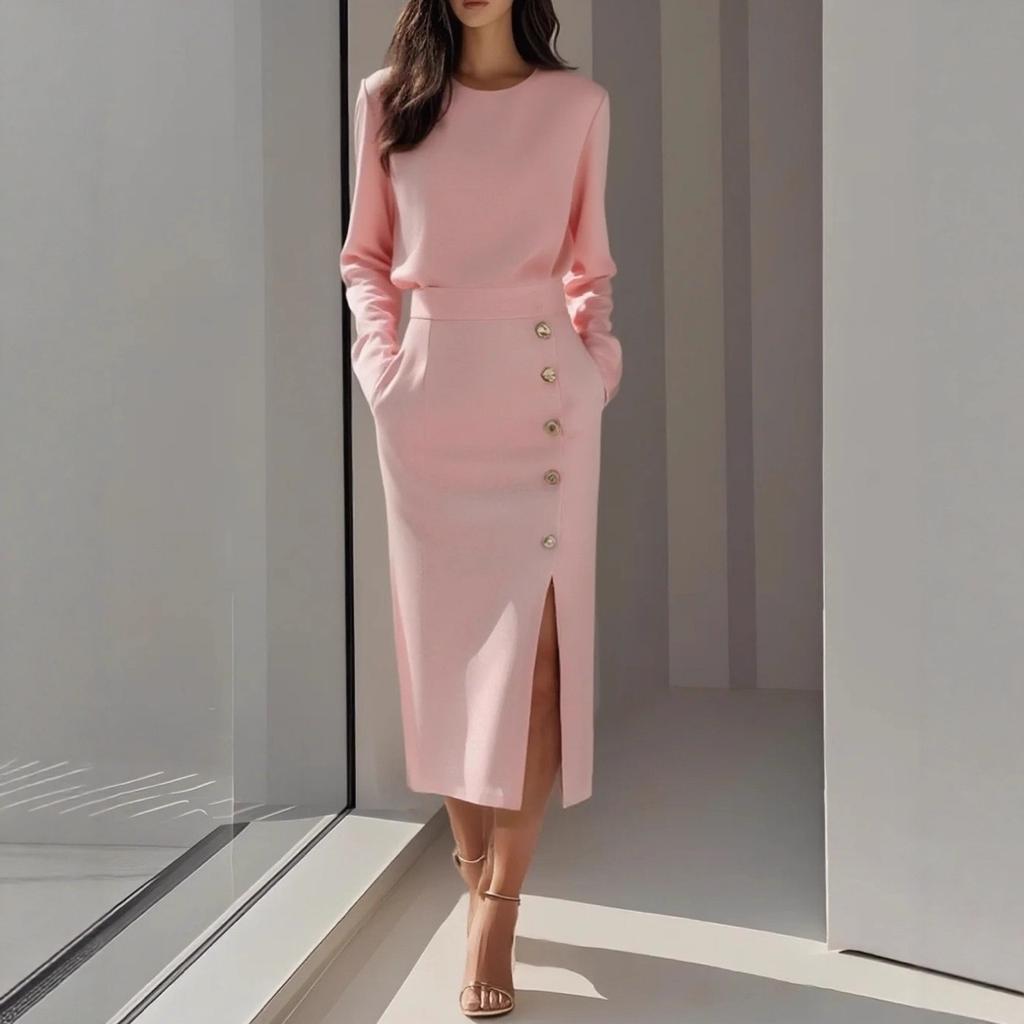 Women's  Solid Color Long Sleeves Elegant Midi Dress with Button Details and Side Slit - Crew Neck