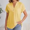 Women's Fashion Solid Color V Neck Button Pocket Short Sleeved Shirt Cotton Casual  T-shirt Top