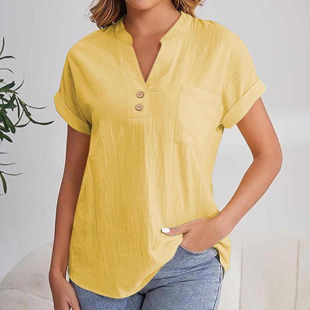 Women's Fashion Solid Color V Neck Button Pocket Short Sleeved Shirt Cotton Casual  T-shirt Top