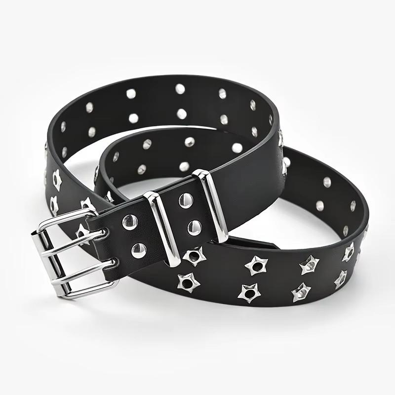Star Eye Rivet Damengürtel Zweireihige Nadelschnalle Mode Herrengürtel PU-Ledergürtel Hip Hop Punk Rock Style Jeansgürtel