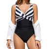 European and American striped kinked V-neck one-piece swimsuit women's high waist to cover their bellies and look thin, backless beach vacation swimsu